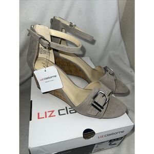 New Liz Claiborne Cork Wedge High Heel Koala Suede Buckle 8.5 M Oaks Club Party